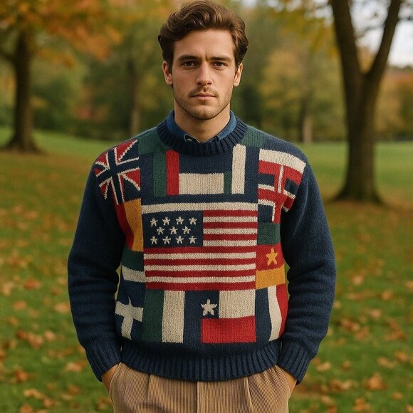 American Eagle Outfitters Other - Vintage Y2K American Eagle Men Sweater Size XL 100% Wool Flag Patchwork Preppy